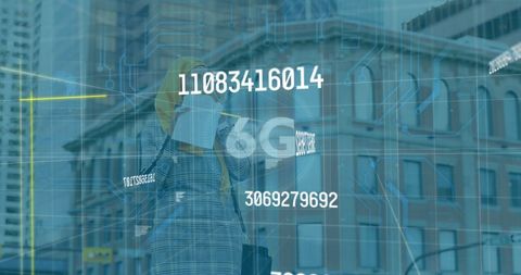 6G Technology Interface with Businesswoman Eating