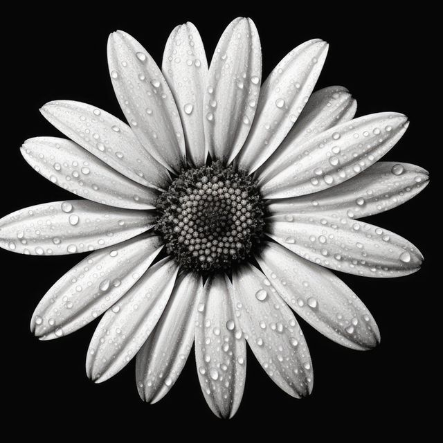 Monochrome close-up of flower covered in dew drops on black background. Ideal for natural beauty themes, print decor, inspirational designs, blog articles or website backgrounds highlighting tranquility and calmness.