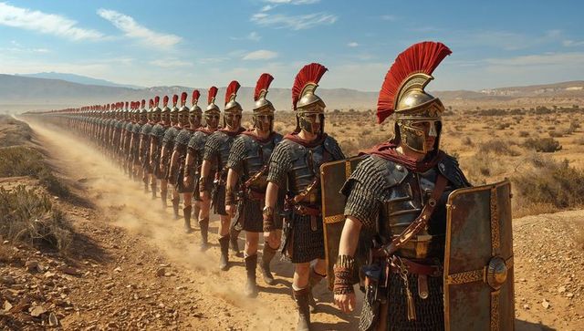 Roman legionaries marching in perfect column across arid desert plain