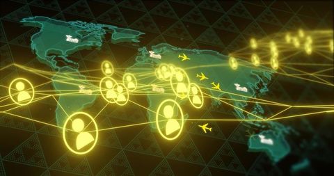 Visualizing global digital network connecting users, flight routes and logistics hubs