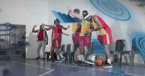 High-energy basketball team celebrating on sideline with coach gesturing and motion overlays
