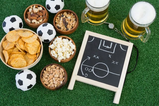 Close-up of strategy board, football and snacks on artificial grass