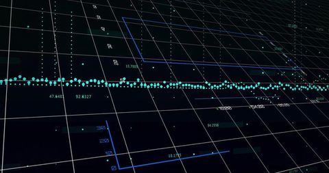 Futuristic 3D Analytics Grid Showing Teal Data Band, Cyan Data Points and Numeric Readouts