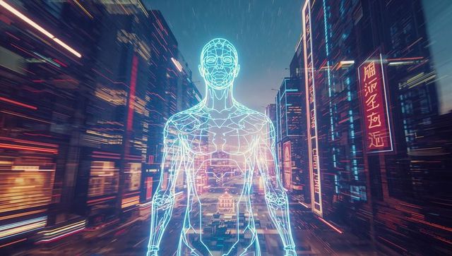 Glowing Wireframe Humanoid in Futuristic Neon Cityscape