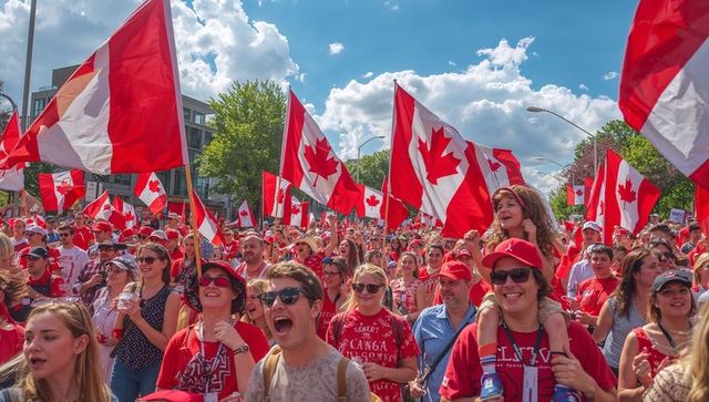 Joyful crowd waving canadian flags celebrating national pride at sunlit urban parade