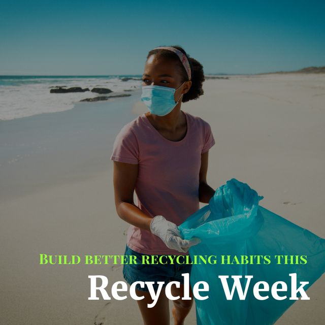 Digital composite image of african american female volunteer with recycle week text at beach. Copy space, responsibility, promote benefits of recycling, raise awareness, environment conservation.