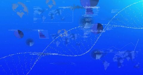 Dotted particle wave sweeping across blue data visualization with network nodes and charts