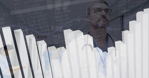 Healthcare analytics: doctor reviewing clinical error alerts with bar chart visualization