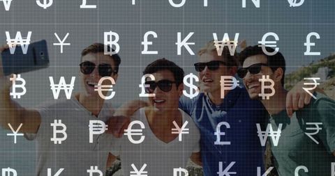 Friends Taking Selfie on Beach with Currency Symbols Overlay