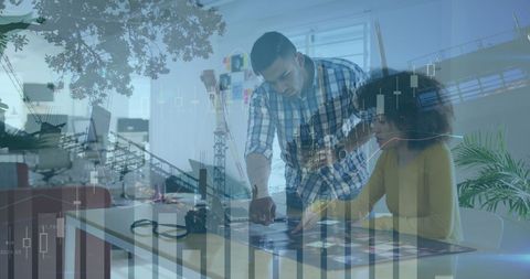 Team Analyzing Financial Charts Overlaid with Urban Backdrop