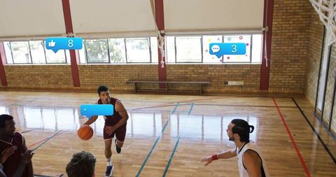 Basketball Players Engaging in Intense Game with Digital Overlay Icons