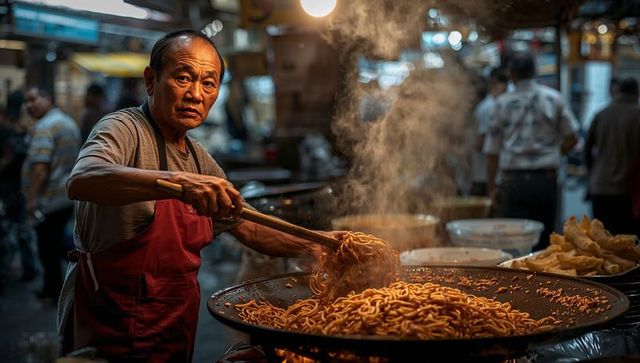 Senior vendor tossing noodles in wok at bustling night market