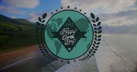 Happy Earth Day Text Over Coastal Scene Celebrating Nature