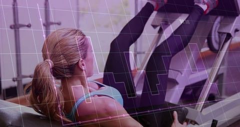 Woman Performing Leg Press with Digital Graph Overlay in Gym