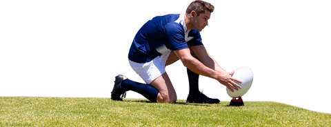 Dedicated Rugby Player Preparing Ball on Transparent Background