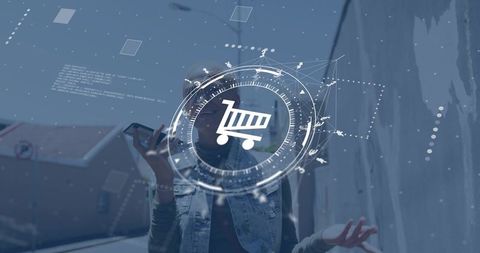 Woman holding smartphone interacting with ar shopping cart overlay on urban walkway