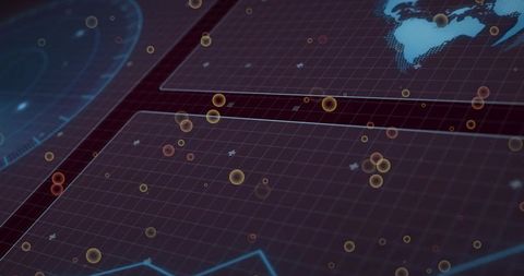Futuristic digital dashboard with floating amber nodes and dotted world map