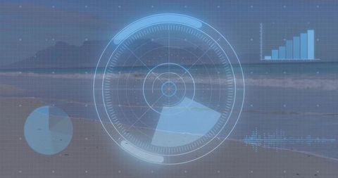 Displaying futuristic hud radar overlay on coastal horizon with data charts and waveform