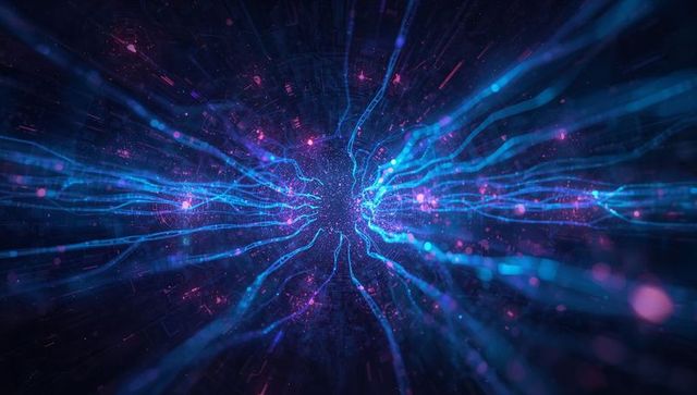 Neon blue-purple data streams in high-tech network