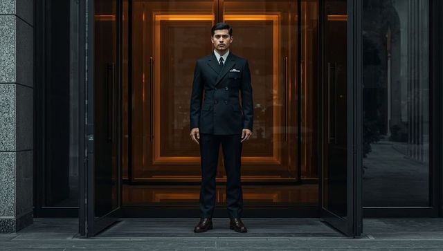 Uniformed asian concierge standing at luxury building entrance holding glass doors