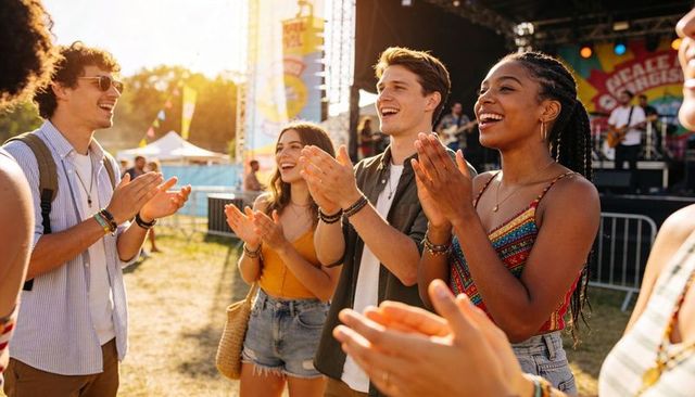 Group of friends cheering and clapping at outdoor music festival during golden hour