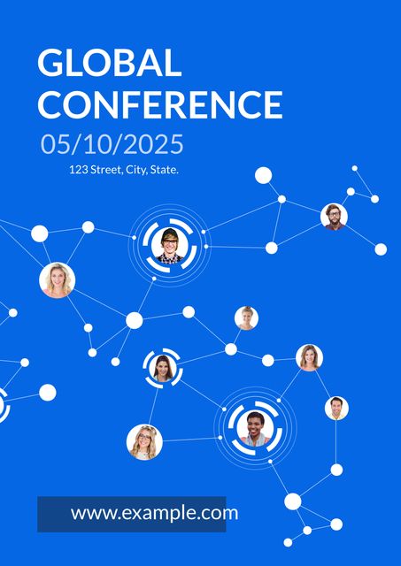 This promotional poster is ideal for advertising global conferences with a networking theme. It features a blue background with connected circles illustrating attendee interaction, highlighting community and collaboration. Use this template for event invitations, social media promotions, or website banners to attract participants to business conferences, academic symposiums, or professional gatherings.