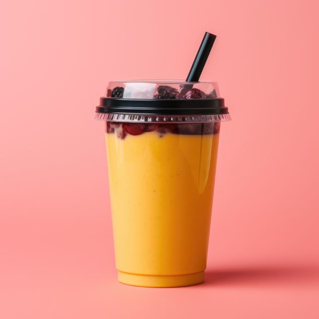 Mango smoothie in a clear plastic cup with a black lid and straw, topped with assorted berries. Presented against a vibrant pink background. This image is ideal for use in advertising healthy beverages, summer refreshments, tropical fruit smoothies, or promoting smoothie shops and cafes.