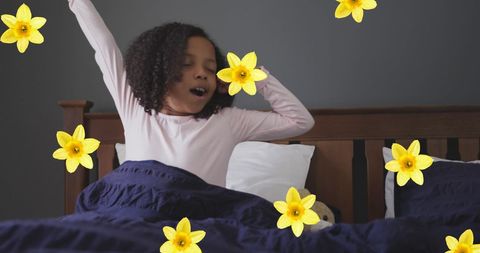 African American Girl Waking Up Surrounded by Flowers