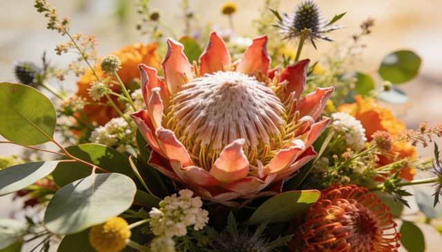 Sunlit pink king protea bouquet with eucalyptus and thistle - warm macro floral texture
