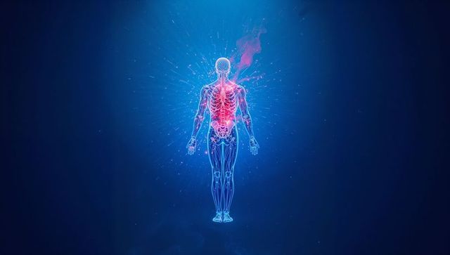 Futuristic digital skeleton with neon heart and lungs display