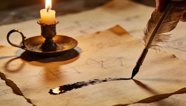 Candlelit quill writing on parchment with wet ink stroke, vintage calligraphy scene
