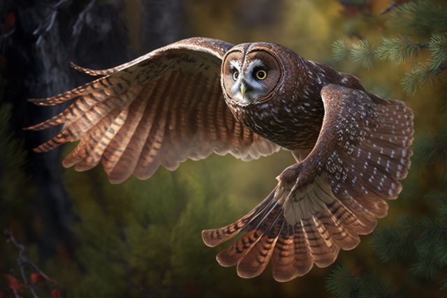 Spotted owl flying gracefully through densely wooded forest with wings fully spread, highlighting detailed feathers and sharp gaze. Ideal for wildlife conservation campaigns, educational materials, nature-themed designs, and habitat preservation brochures.