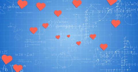 Whimsical hearts falling over mathematical equations