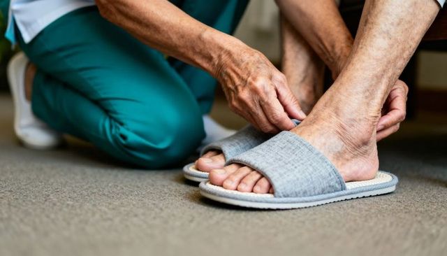 Caregiver fastening slipper on senior foot providing gentle homecare assistance