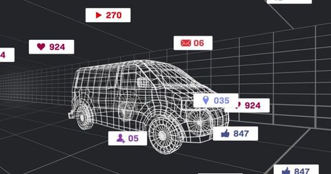 Futuristic Virtual Grid with Wireframe Van and Social Media Icons