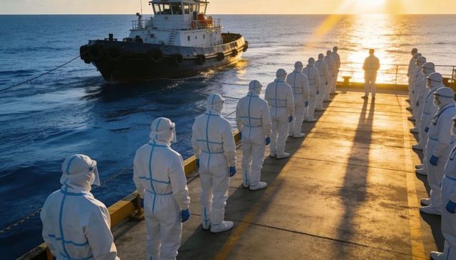Maritime crew standing in full ppe on ship deck at sunset with tugboat alongside