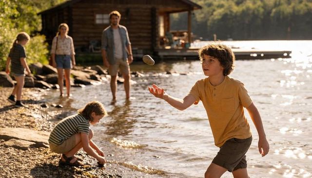 Tossing boy skipping stone across lake by boathouse with family enjoying golden hour