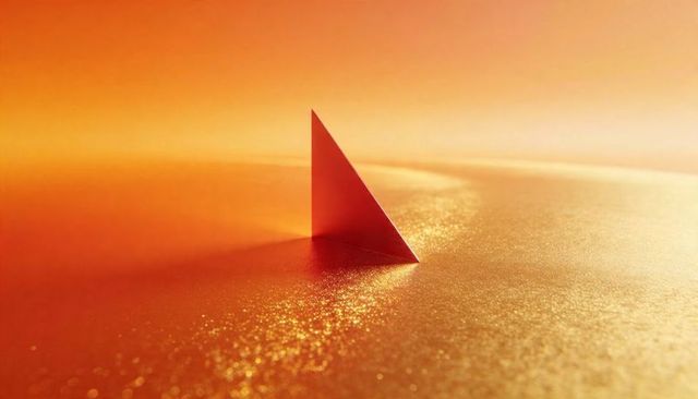 Minimalist red triangle rising from glittering gold surface casting warm shadow and bokeh