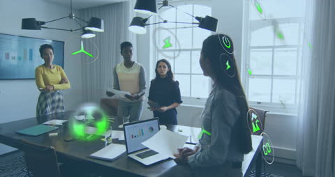 Diverse Team Discussing Reports with Futuristic Digital Overlays