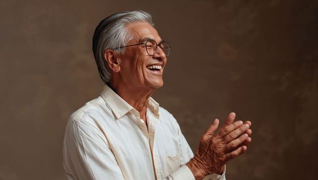 Smiling senior man wearing round glasses clapping hands joyful portrait with warm backdrop