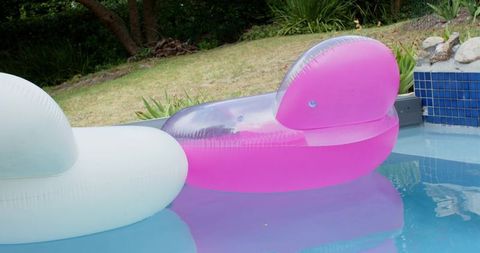 Translucent pink duck inflatable floating on calm backyard pool with mosaic tile reflection