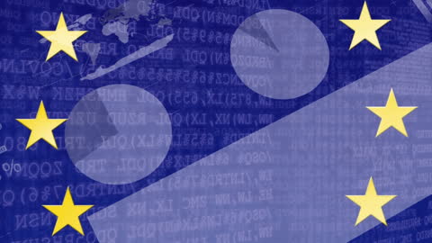 EU Flag with Digital Interface Overlay Denoting Data and Technology