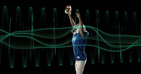 Football receiver catching ball with teal waveform overlay on black studio background