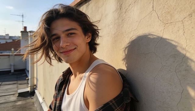 Smiling young man leaning on sunlit rooftop wall with wind-blown hair
