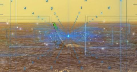 Windsurfer riding choppy ocean at sunset with futuristic hud overlay and green sail action