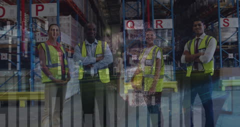 Confident Warehouse Team Overlaid with Financial Graphs