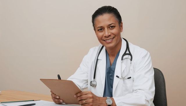 Smiling physician reviewing patient chart at clinic desk with stethoscope and clipboard
