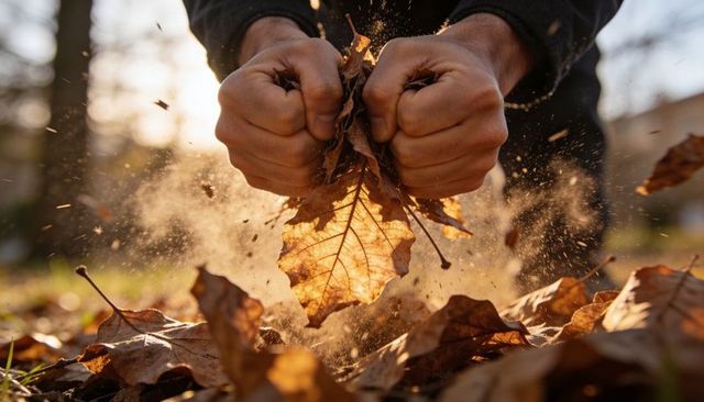 Closeup hands squeezing dry autumn leaves releasing golden dust backlit by sun