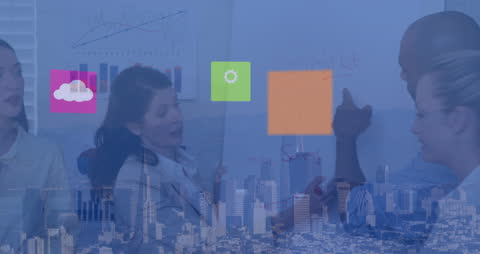 Innovative Team Analyzing Global Data with Digital Interface Overlay