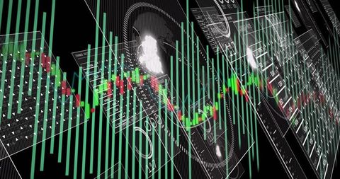 3d trading dashboard with candlestick chart and teal bar visualization for finance